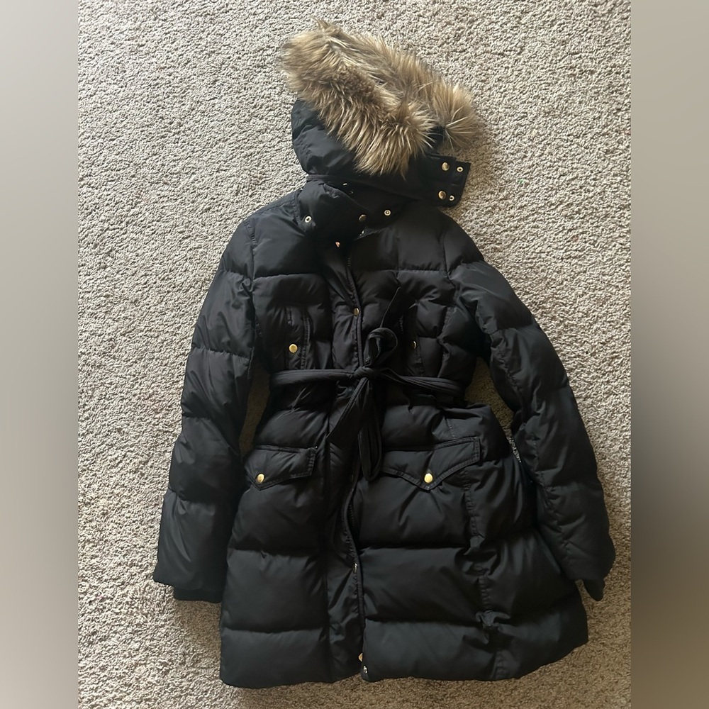 J.CREW Winteress Hooded Black Belted Down Puffer Jacket Button Size Large Womens